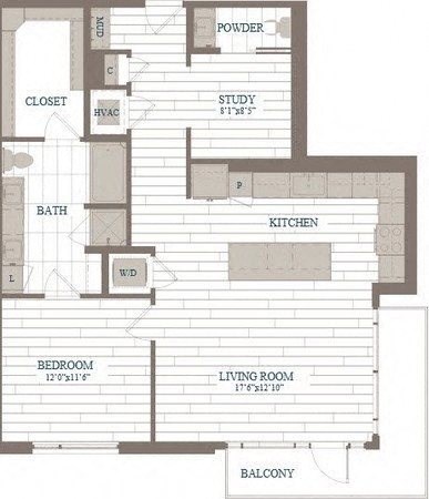 Floor plan for 1 bed, 1.5 baths, 1053 sqft